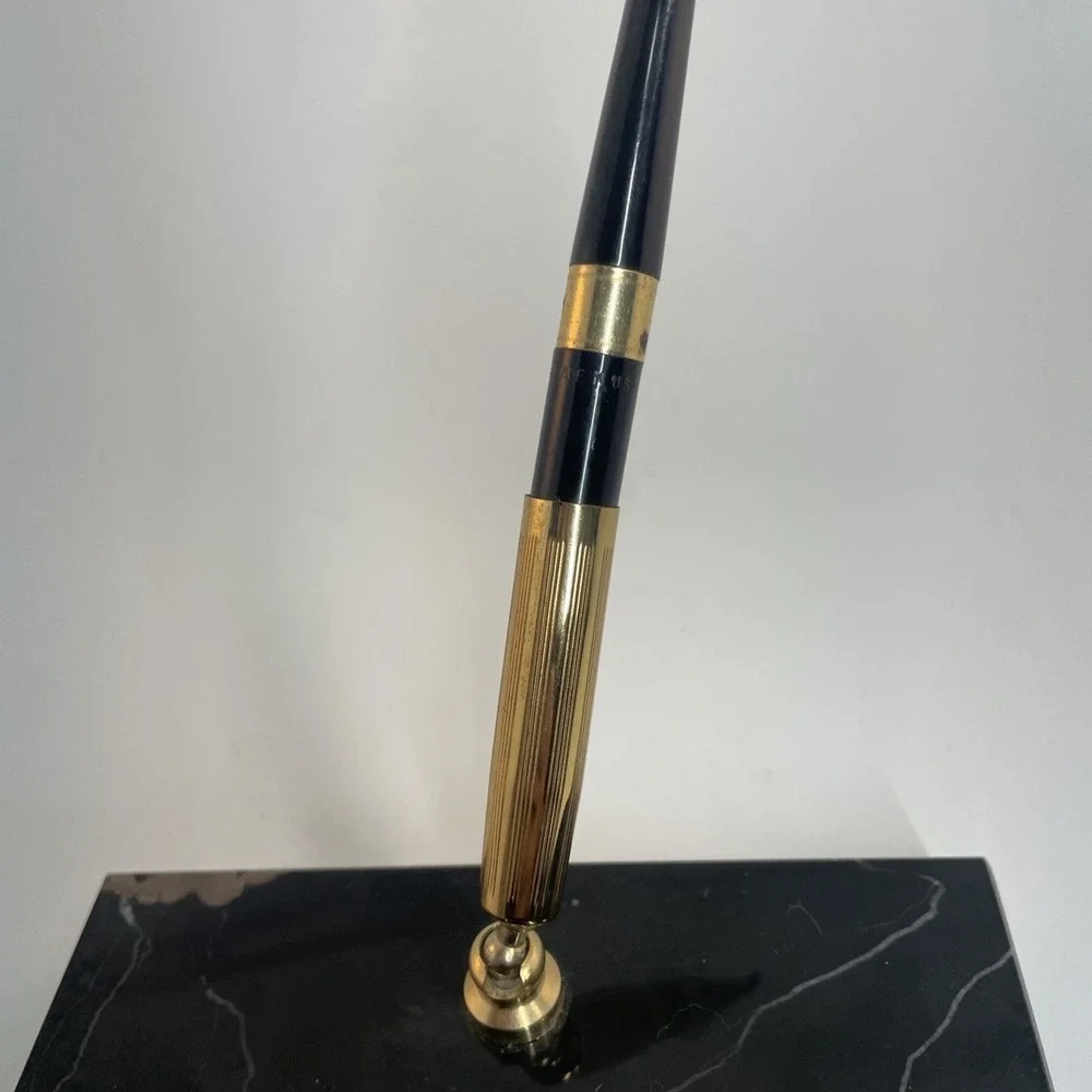 Vintage Marble Pen Holder‎ with Black Pen Gold Accents Desk Accessory